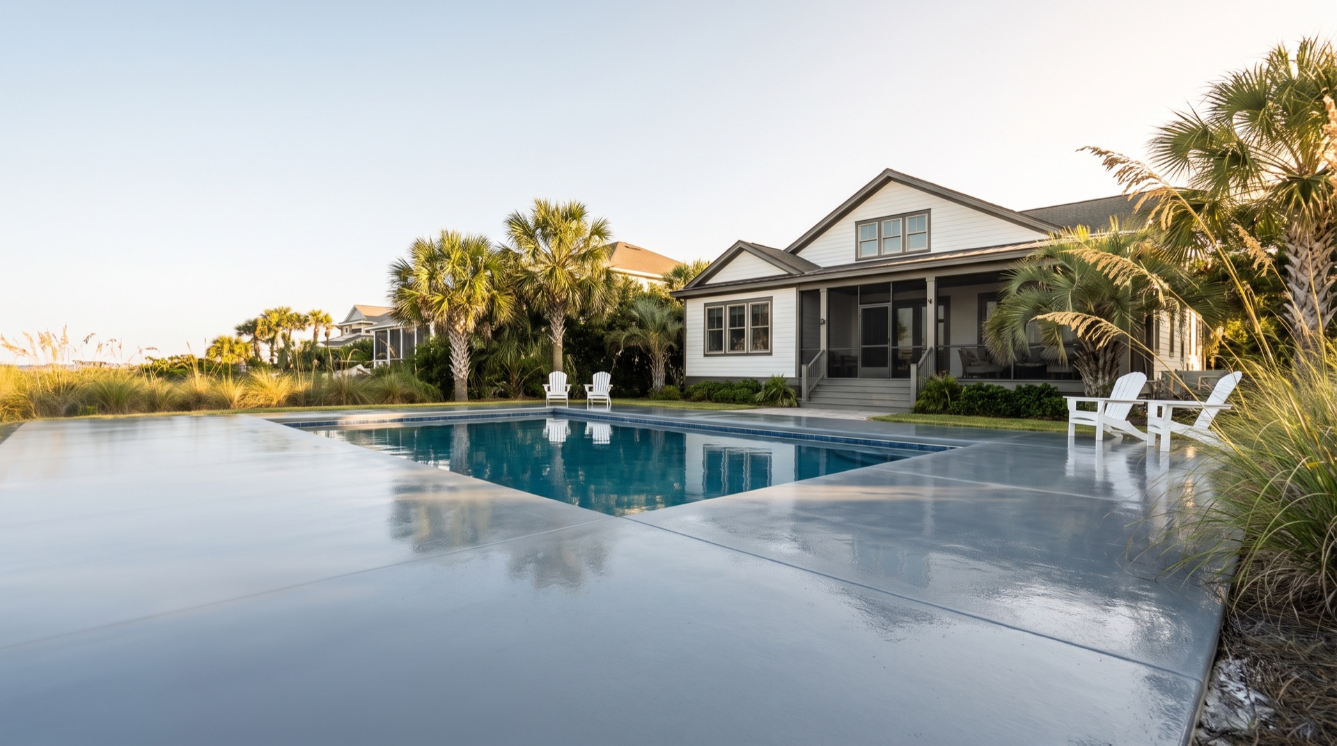 Cool-touch coated pool deck at a Fernandina Beach home on Amelia Island with a slip-resistant flake finish
