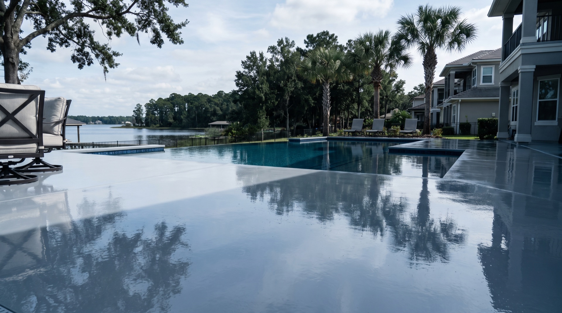 Resurfaced pool deck at a Fleming Island waterfront home with a cool-touch flake finish beside the water