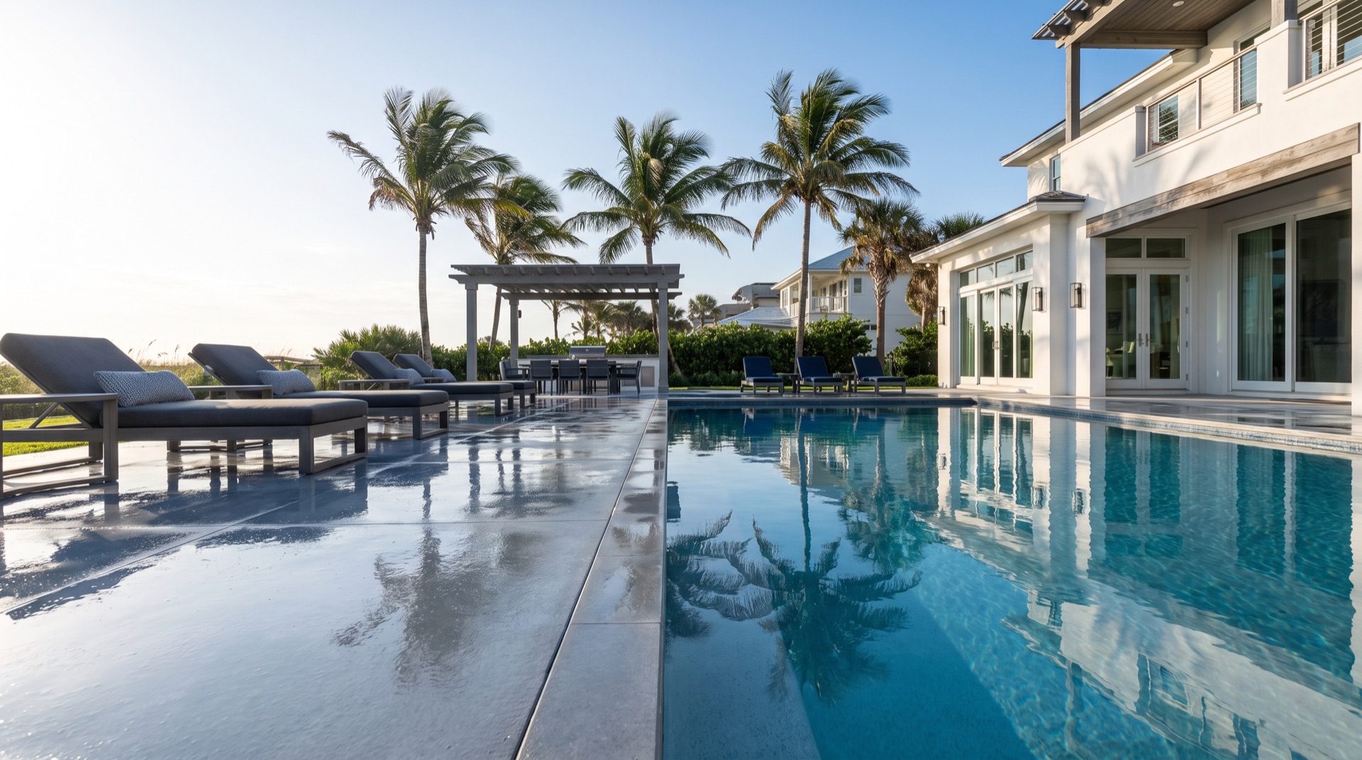 High-gloss metallic epoxy garage floor beside a cool-touch pool deck at a Ponte Vedra Beach home
