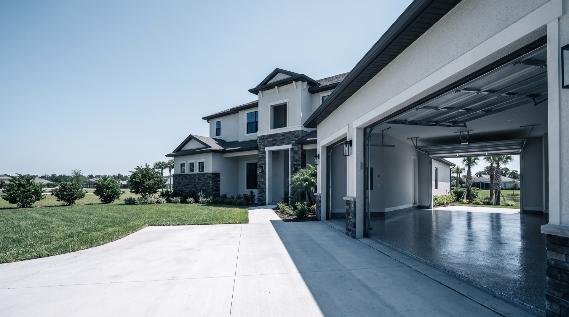 Coated three-car garage floor in a new-construction St. Johns / Fruit Cove home with a glossy grey flake finish