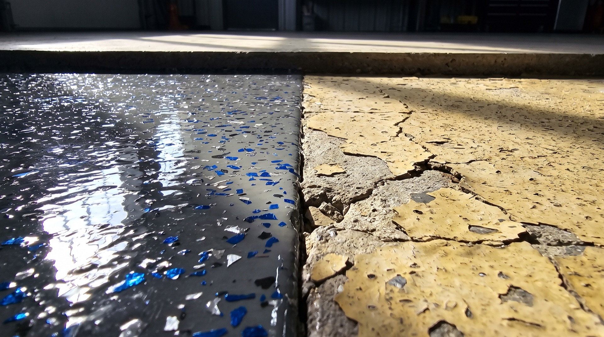 Split comparison of a yellowed epoxy floor beside a clear, glossy polyaspartic floor